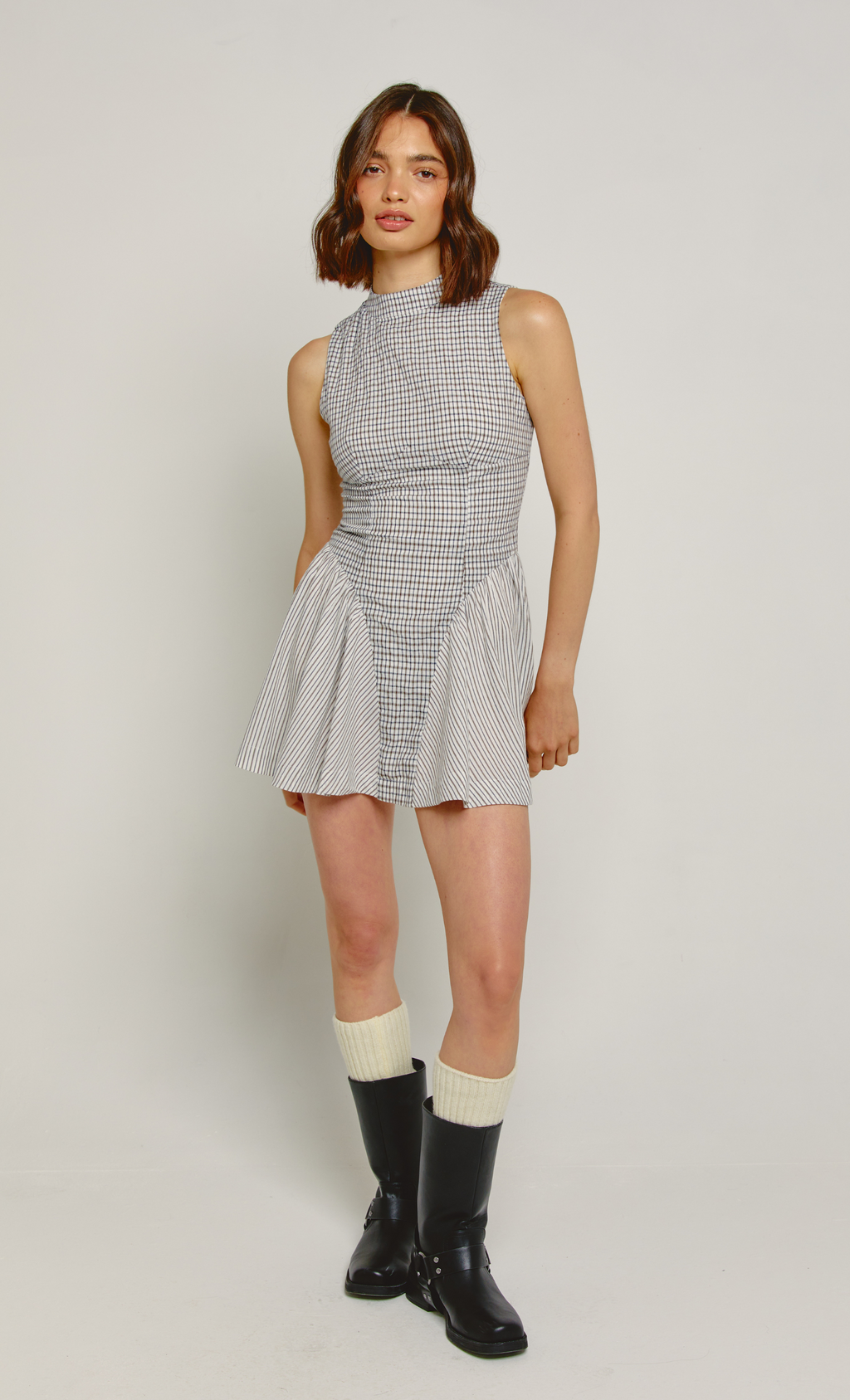 Beige Check High Neck Mini Dress – Another Girl