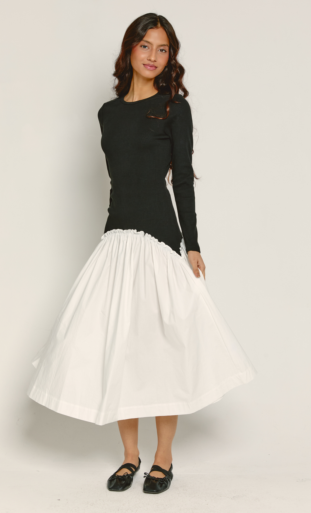 green emerald velvet dress Benedetta Black & Cream Long-Sleeve Drop-Waist Maxi Dress – Club L London main image 0