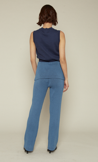 Blue Fold-Over Ribbed Trousers