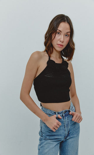 Black Flower Knitted Halter Top
