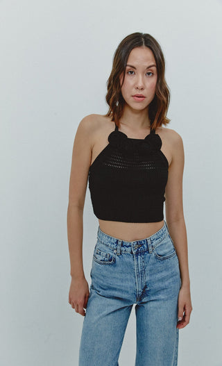 Black Flower Knitted Halter Top