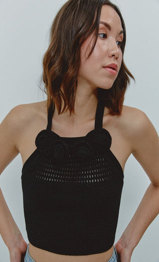 Black Flower Knitted Halter Top