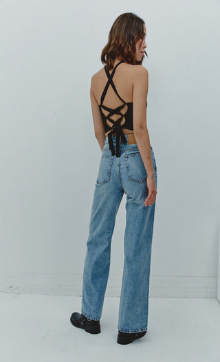 Black Flower Knitted Halter Top