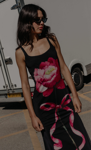 Black Digital Mesh Flower Maxi Dress