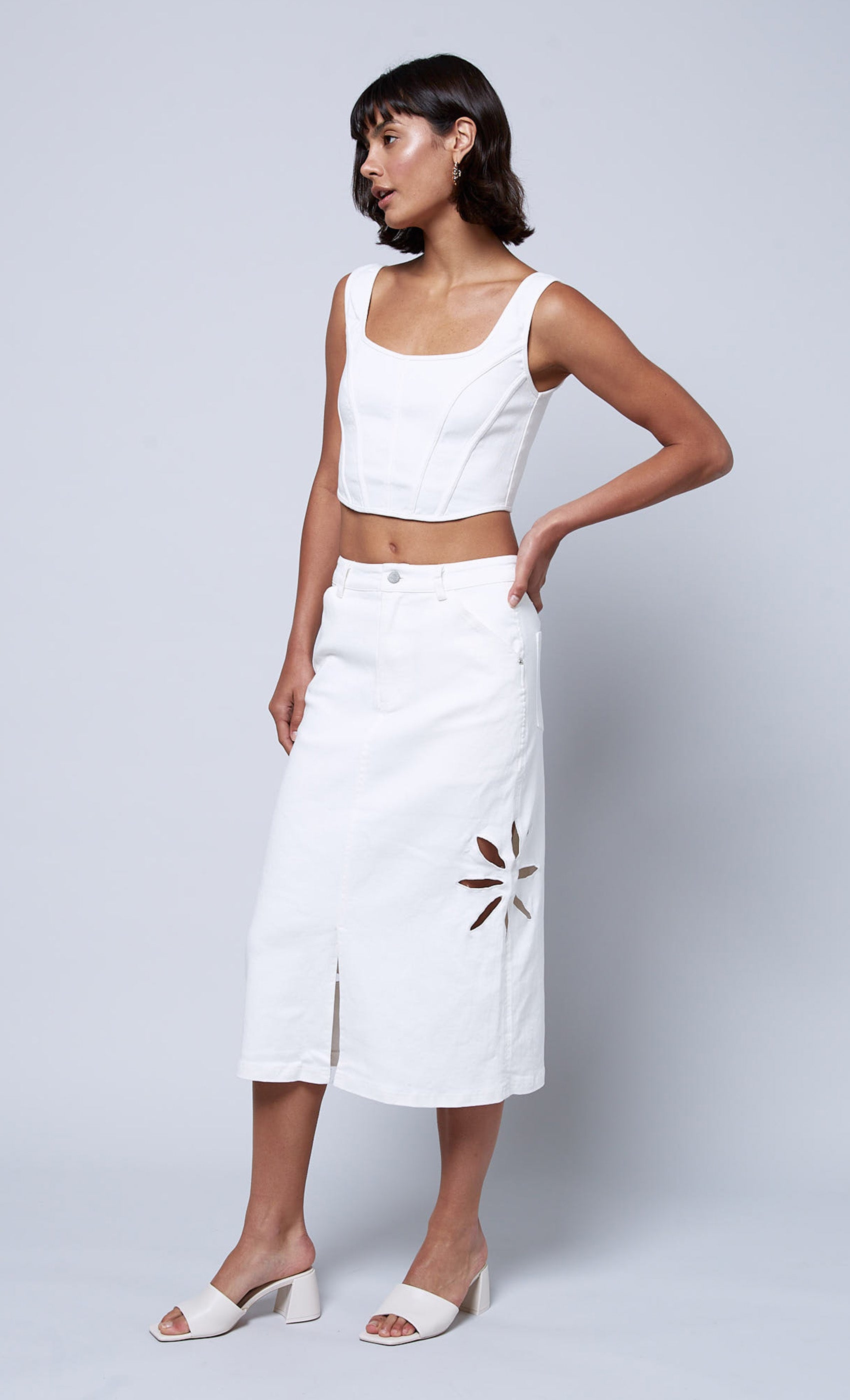 Ivory Utility Midi Skirt with Cutwork Detailing | Another Girl