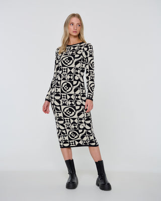 Monochrome Geometric Knitted Midi Dress