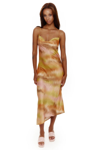 Sunset Stripe Asymmetric Cowl Slip Dress