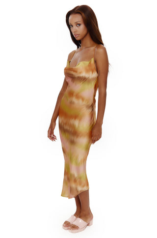 Sunset Stripe Asymmetric Cowl Slip Dress