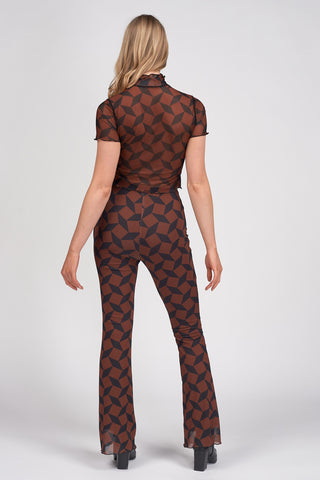 Recycled Brown Geo Mesh Flared Trousers