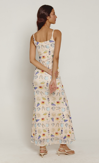 Cream Euro Summer Print Mesh Maxi Dress