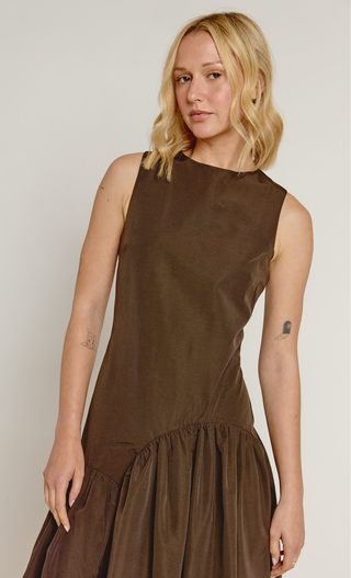 Brown Seam Drop Waist Midi Dress