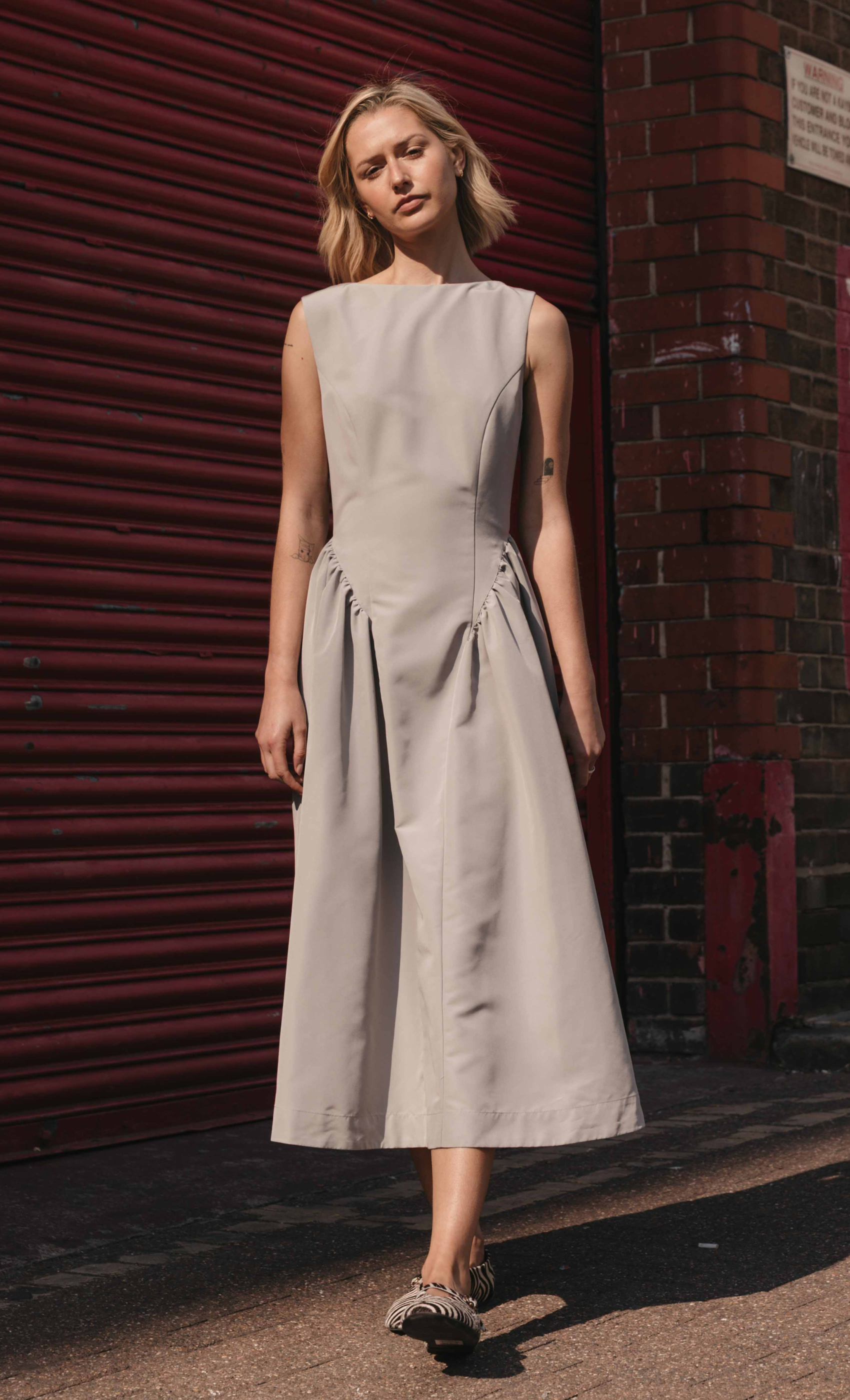 Grey Midi Dress with Gathered Waist Another Girl Grey Midi Dress with Gathered Waist Another Girl