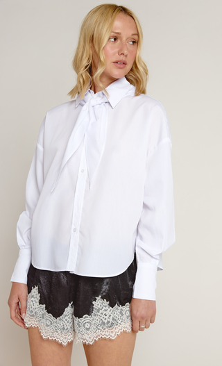 White Boxy Tie Neck Scarf Shirt