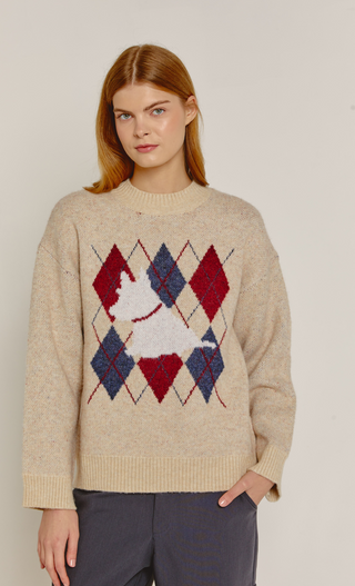 Cream Westie Dog Argyle Knit Jumper