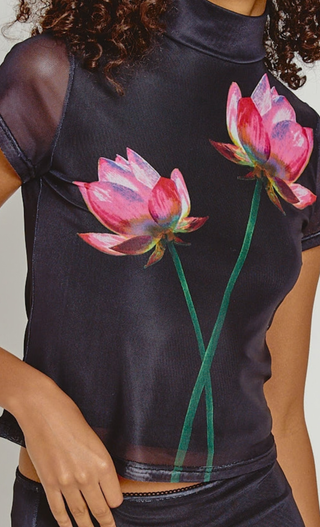Black Digital Print Flower Mesh Top