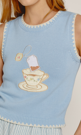 Blue Teacup Embroidered Knit Tank Top