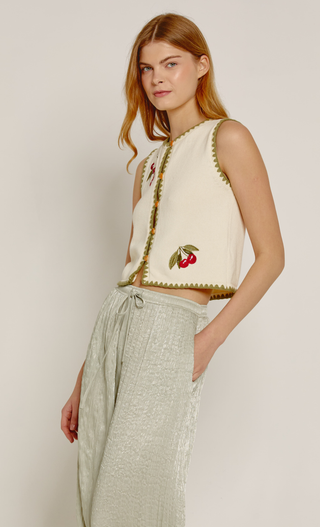 Cream Cherry Embroidered Waistcoat