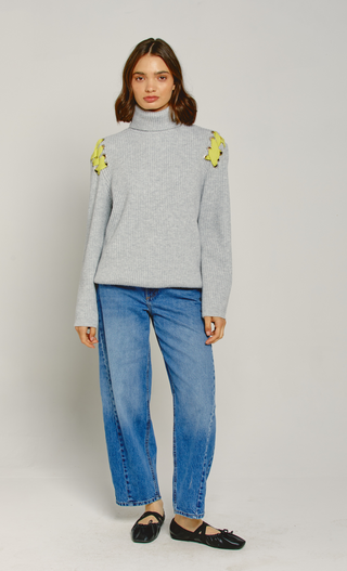 Grey Eyelet Detail Jumper with Yellow Lace