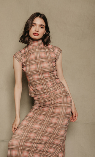 Pink Checkered Mesh High Neck Top