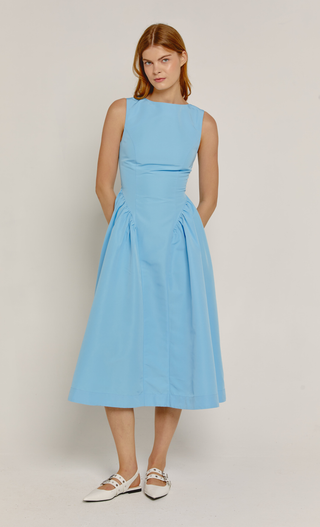 Blue Midi Dress with Gathered Waist
