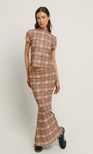 Pink Checkered Mesh Maxi Skirt