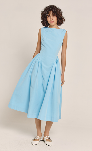 Blue Midi Dress with Gathered Waist