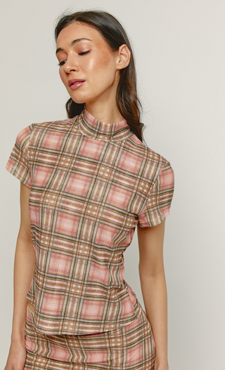 Pink Checkered Mesh High Neck Top