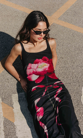 Black Digital Mesh Flower Maxi Dress