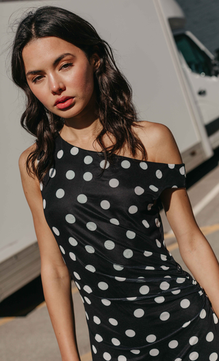 Black Polka Dot Fallen Shoulder Mesh Maxi Dress