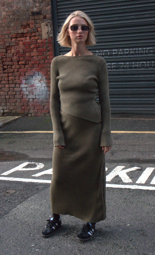 Khaki Ribbed Knit Zip Detail Skirt