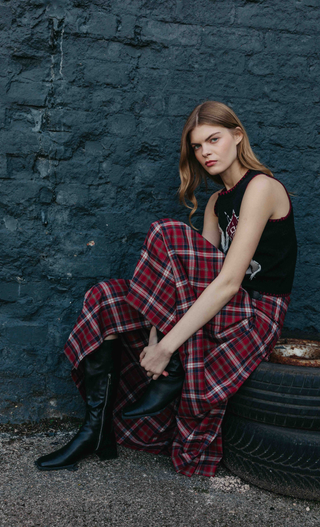 Red Tartan Buckle Detail Midi Skirt