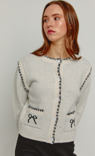 Cream Bow Stitch Detail Cardigan