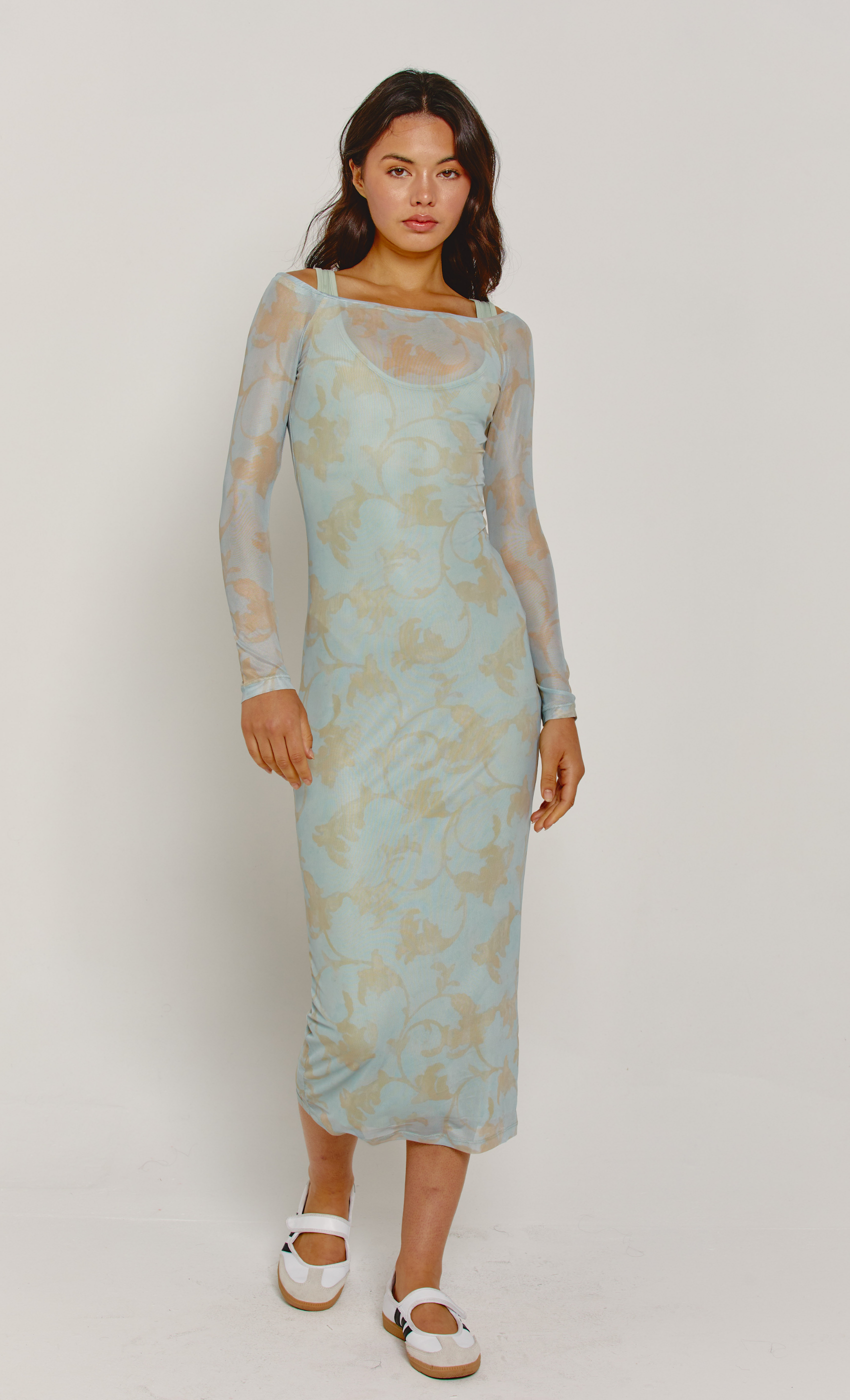 Blue Mesh Long Sleeve Midi Dress Another Girl Blue Mesh Long Sleeve Midi Dress Another Girl