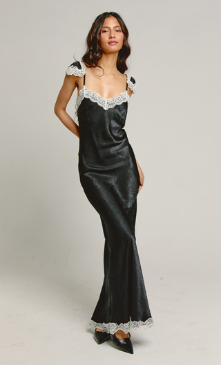 Black Lace Trim Satin Maxi Dress