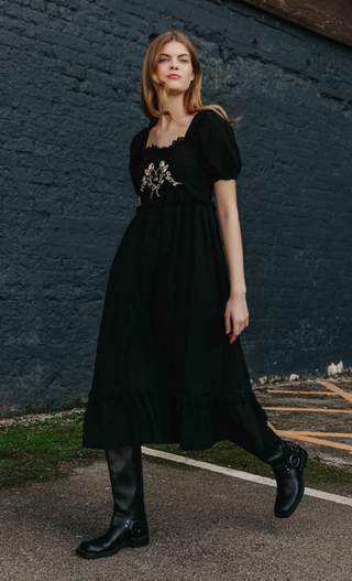 Embroidered Puff Sleeve Midi Dress