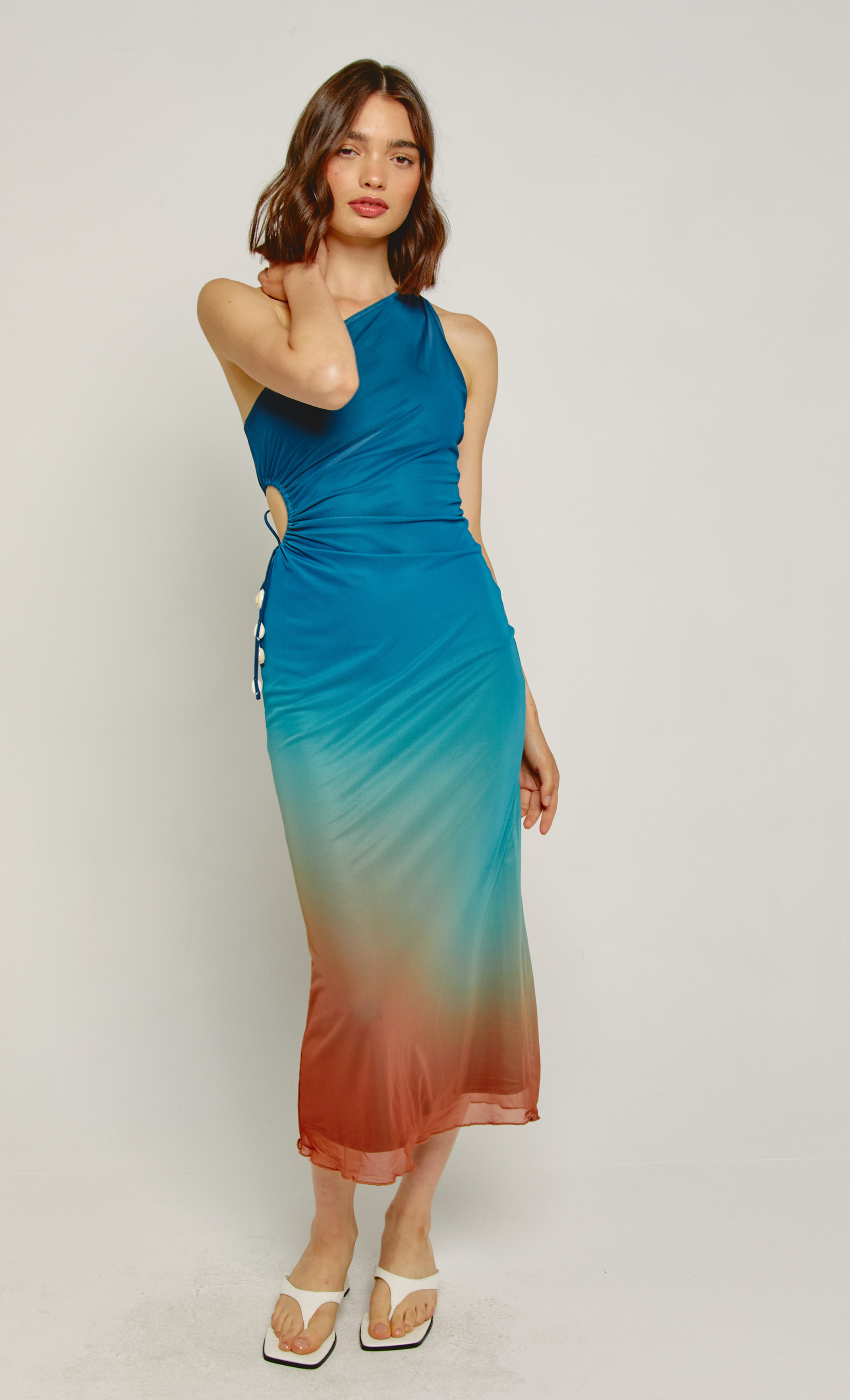 ombre midi dress Ombre Midi Dress with Asymmetric Neckline and Shell Detailing – Another Girl