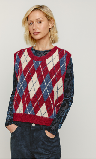 Red Argyle Knit Vest Top