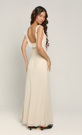 Cream Polka Dot Ruffle Maxi Dress