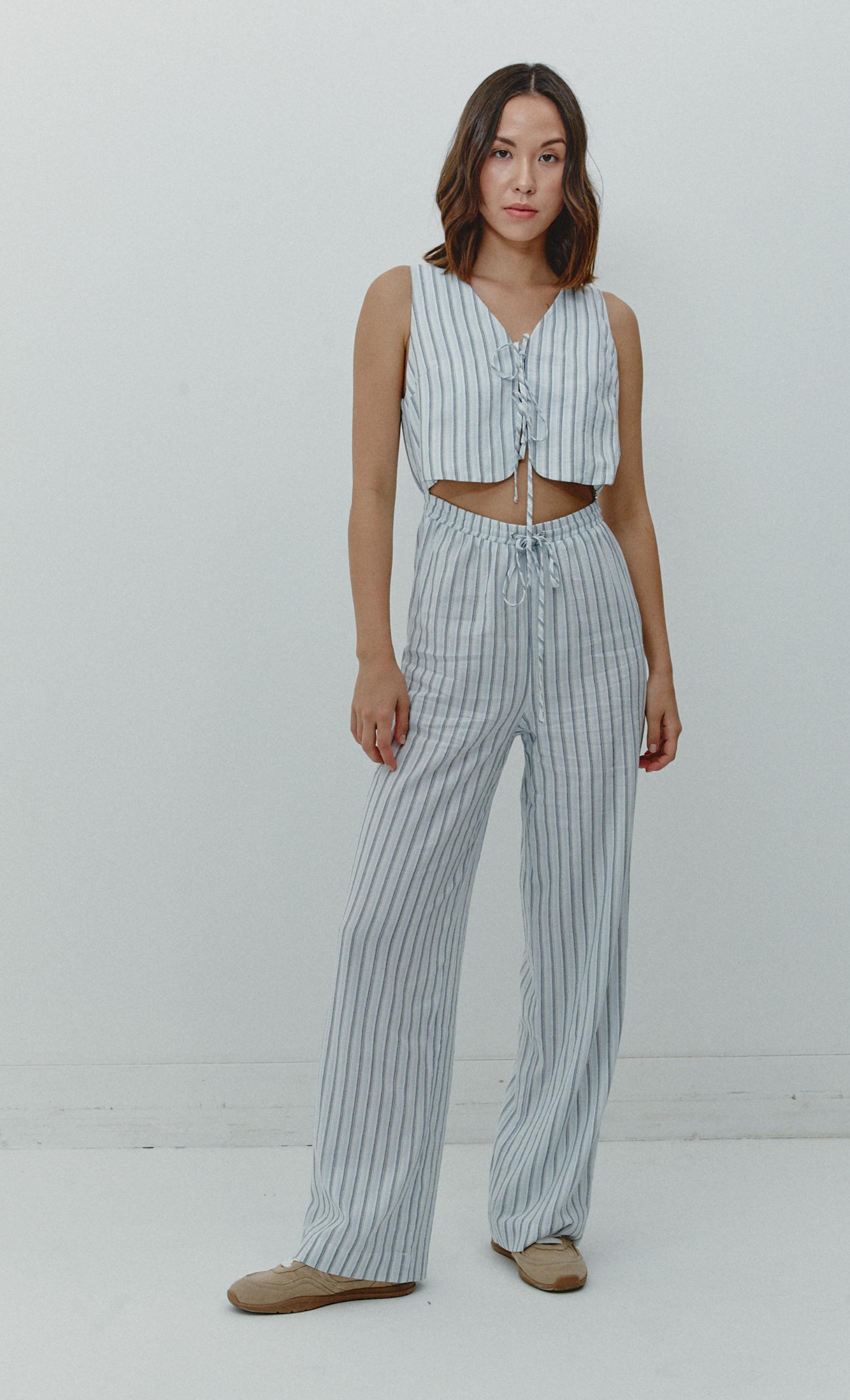 Blue Stripe Tie-Front Jumpsuit – Another Girl