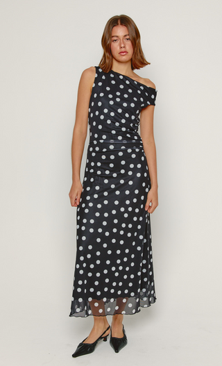 Black Fallen Shoulder Polka Mesh Maxi Dress