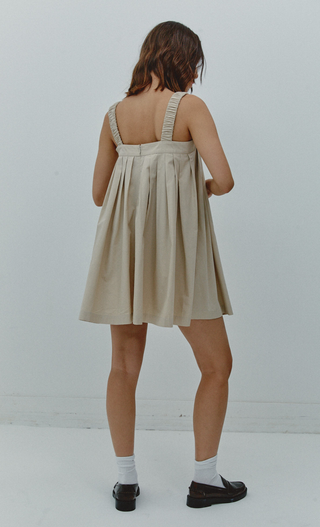 Beige Pleated Babydoll Mini Dress