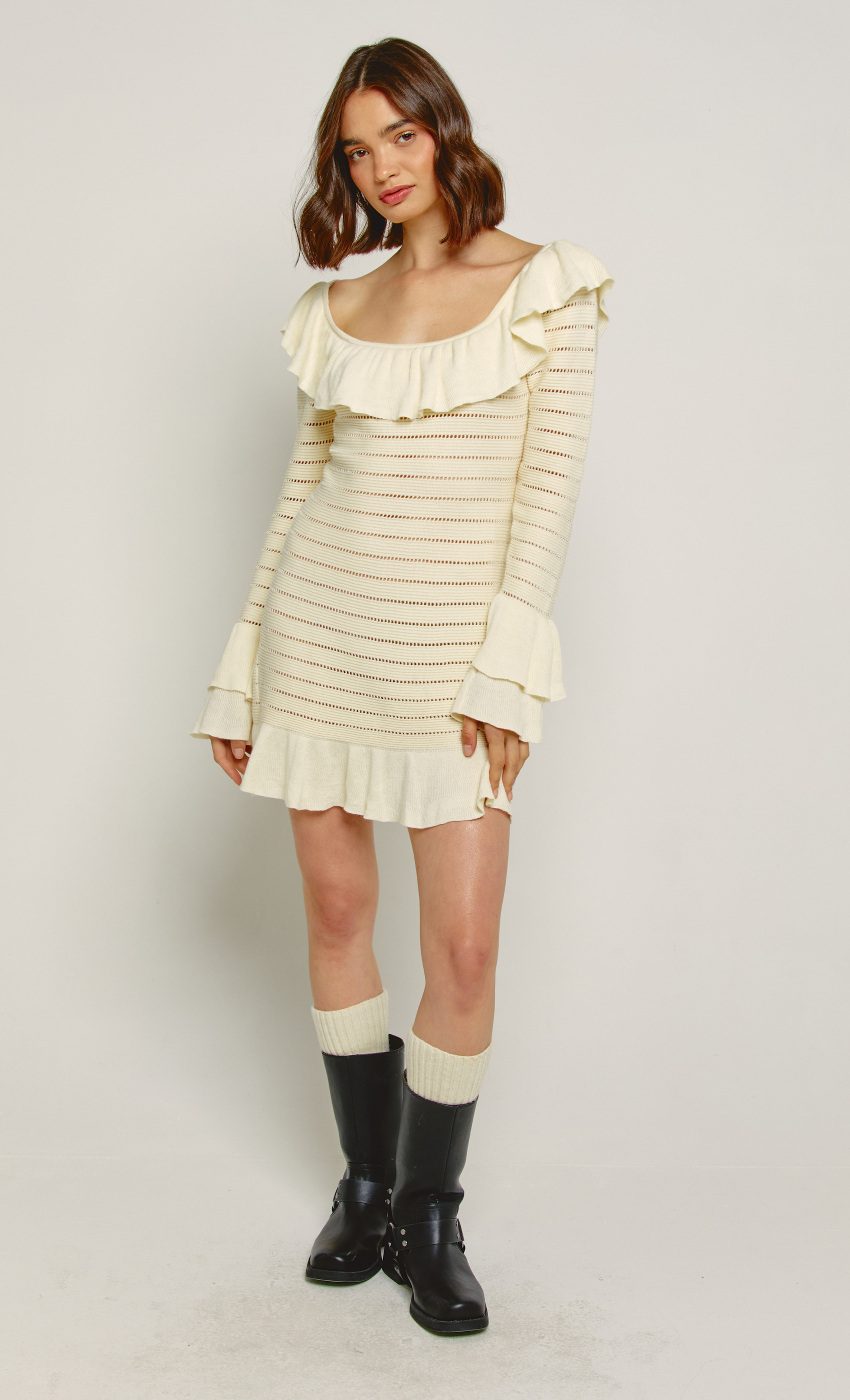 pointelle ruffle mini dress Self-portrait White Contrast Trim Ruffled Pointelle Knit Mini Dress