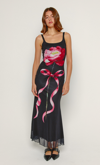 Black Digital Mesh Flower Maxi Dress