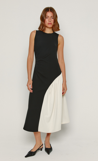 Black & Cream Asymmetric Curve Midi Dress