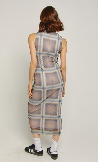 Beige Checked Sleeveless High Neck Maxi Dress