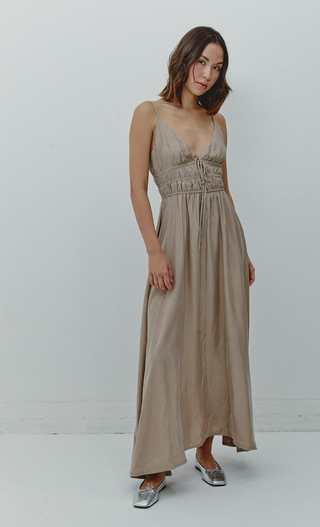 Taupe Ruched Waist Maxi Dress