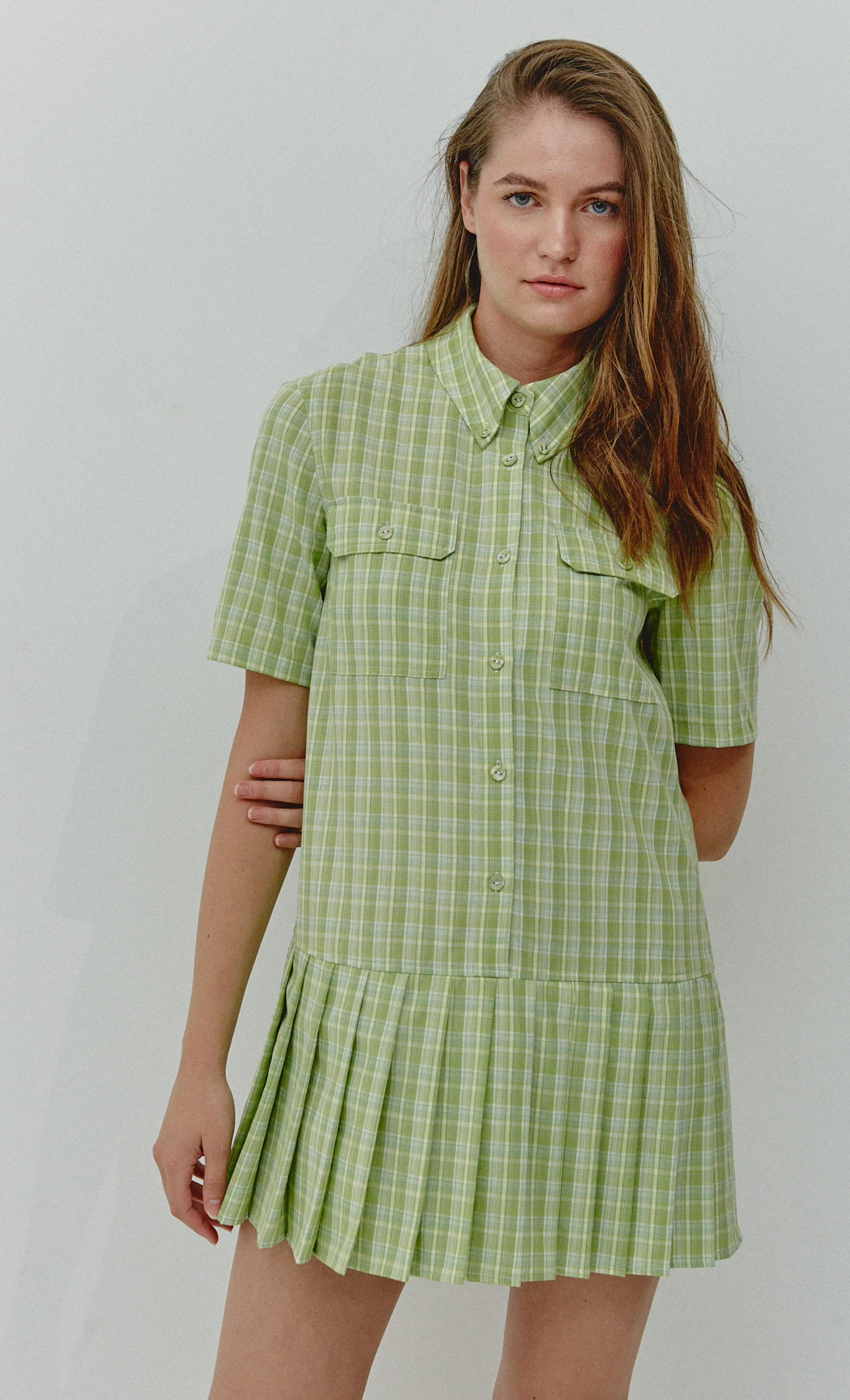 Green Check Box Pleat Mini Dress Another Girl Green Check Box Pleat Mini Dress Another Girl