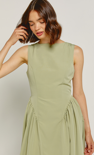 Olive Midi Dress with Gathered Waist