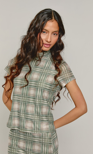 Green Checkered Mesh High Neck Top
