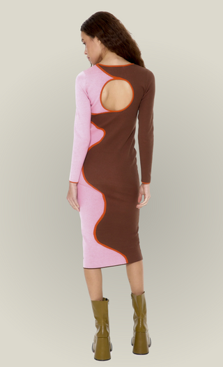 TWO TONED WAVY KNIT MIDI DRESS